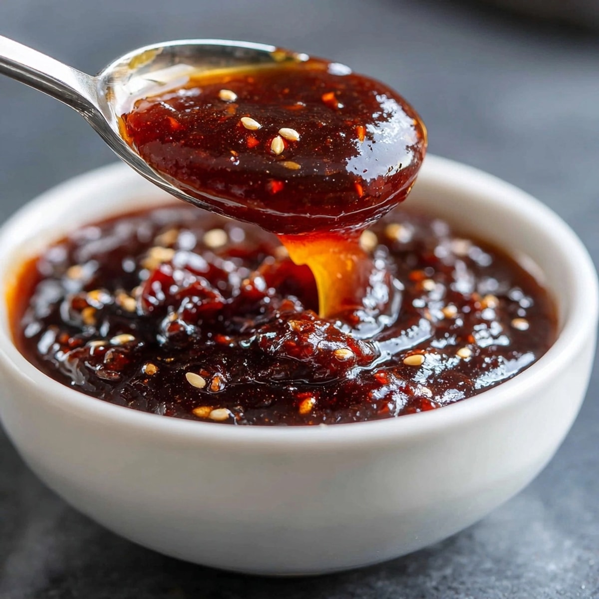 Vibrant red Fire-Roasted Ancho Chili BBQ Sauce simmering in a saucepan, full of flavor.