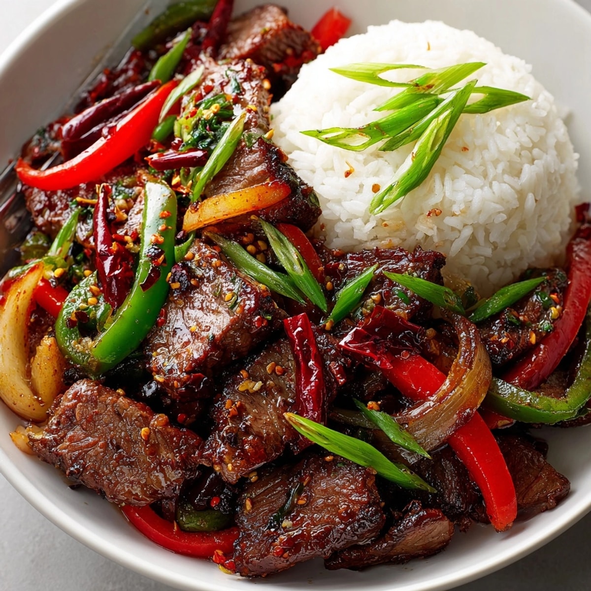 Vibrant close-up shows the glossy sauce blanketing a flavorful Szechuan Peppercorn Beef Stir-Fry.