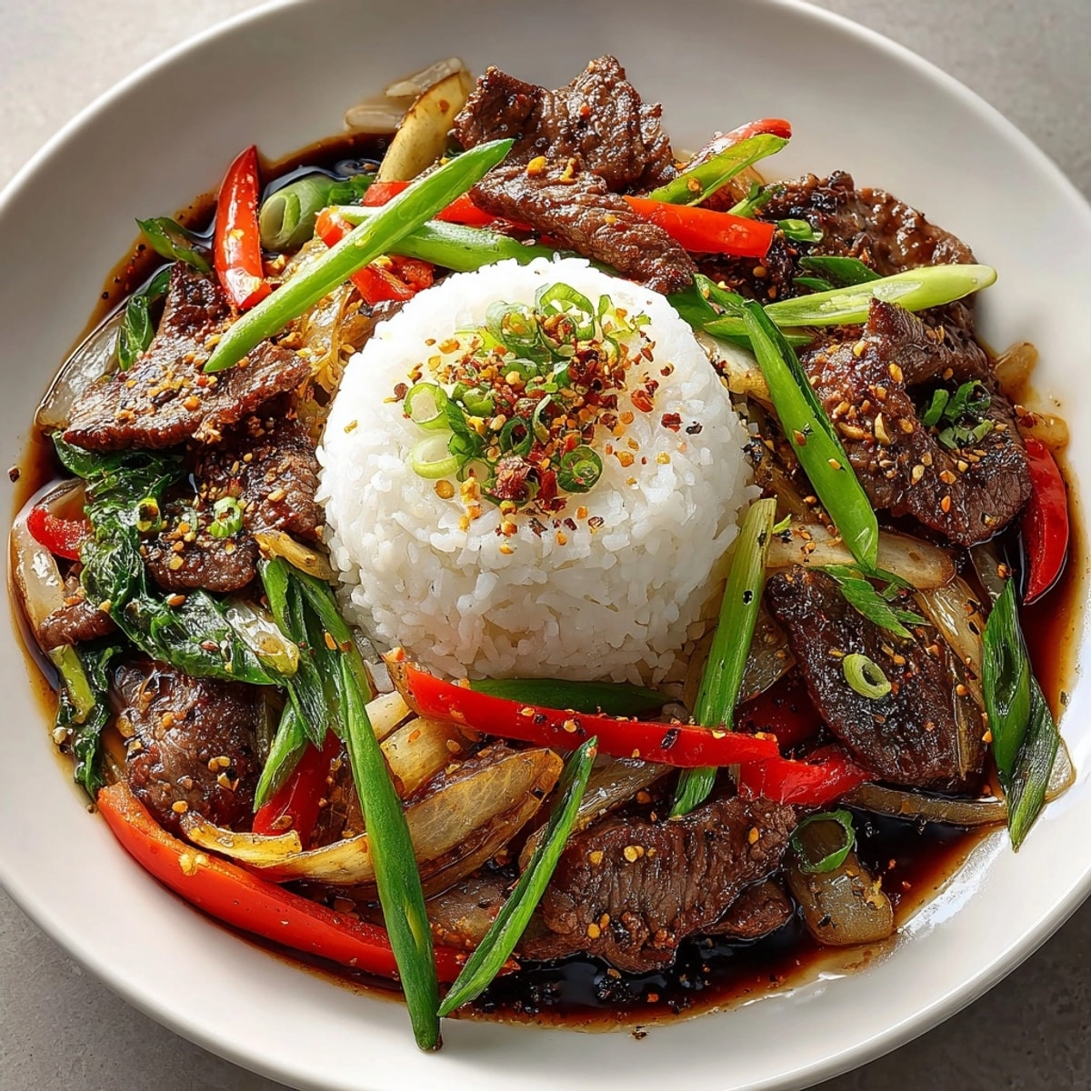Steaming hot Szechuan Peppercorn Beef Stir-Fry with sliced scallions, perfect for a spicy dinner.