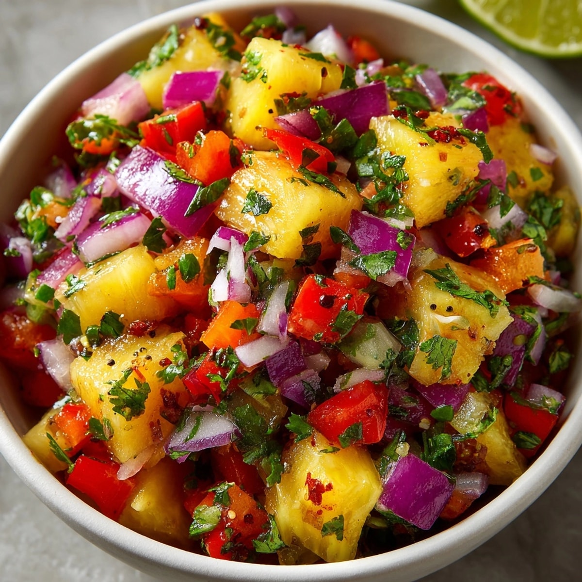 Bright and colorful Mild Pineapple Habanero Salsa with chunks of pineapple and red bell pepper.