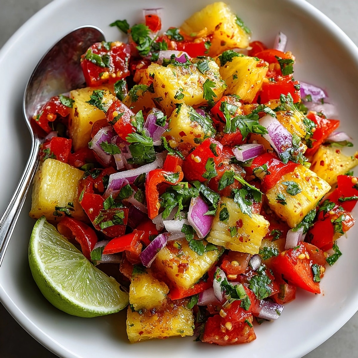 Freshly made Mild Pineapple Habanero Salsa, showing vibrant colors and textured ingredients like diced onion.