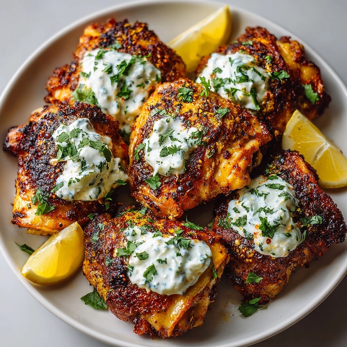 Golden, crispy skin covers these mouthwatering spicy Harissa chicken thighs, ready to serve.