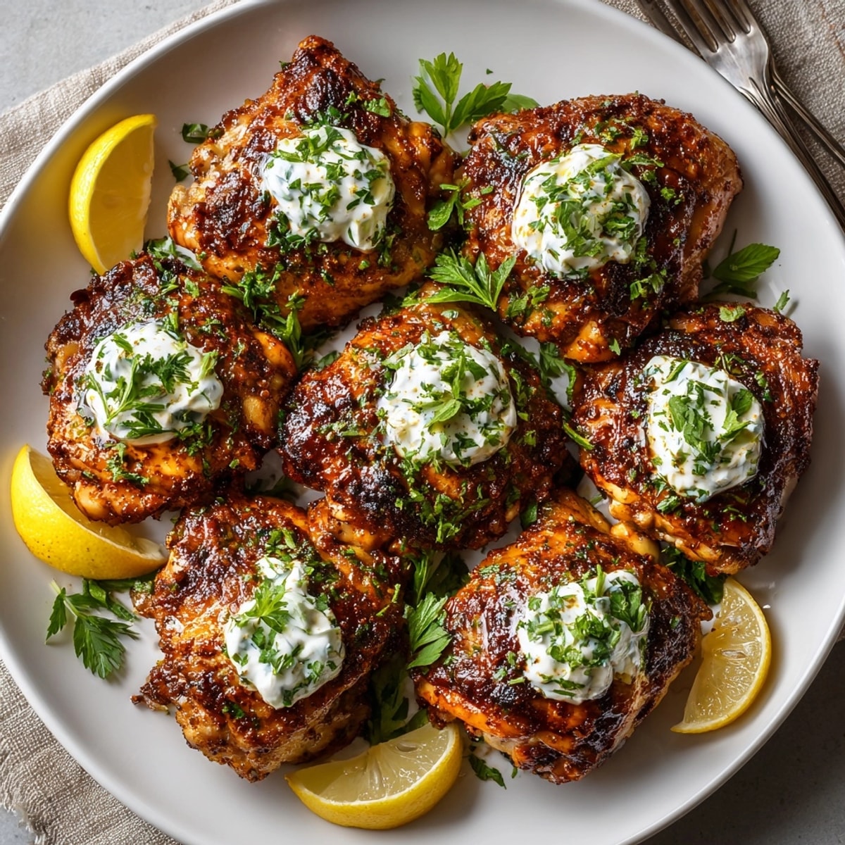 Juicy, flavorful spicy Harissa chicken thighs with a dollop of creamy cumin yogurt, ready to be devoured.