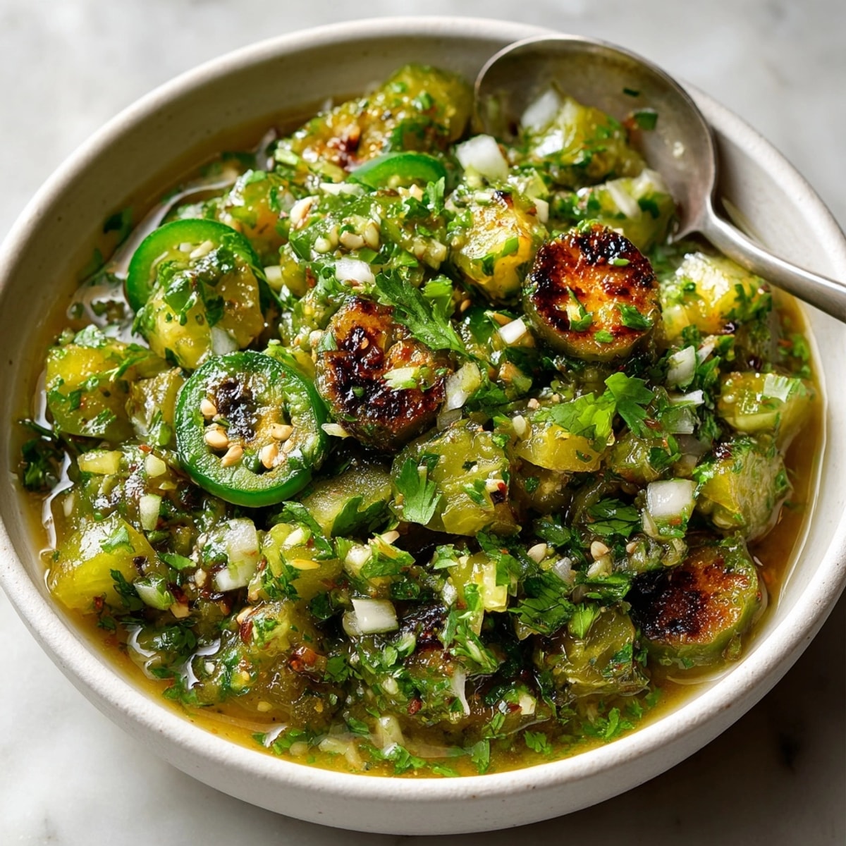 Fresh, vibrant Tomatillo-Poblano Green Salsa, perfect for dipping tortilla chips or topping tacos.