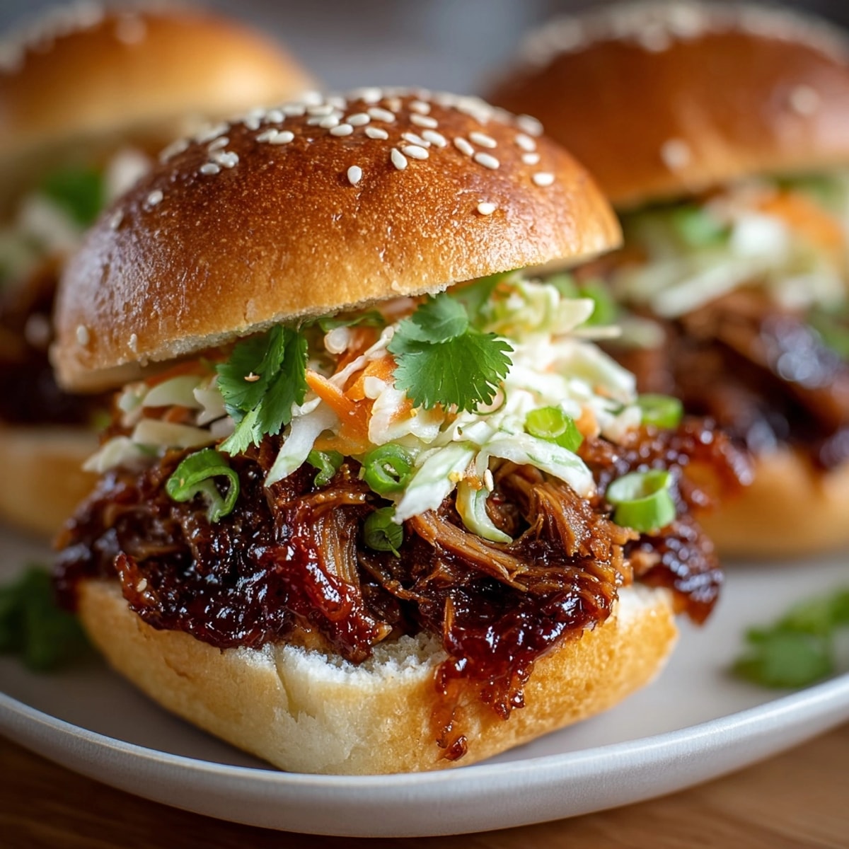 Gooey, savory Korean Gochujang-Spiked Pulled Pork Sliders topped with cool, crisp slaw, a perfect handheld meal.
