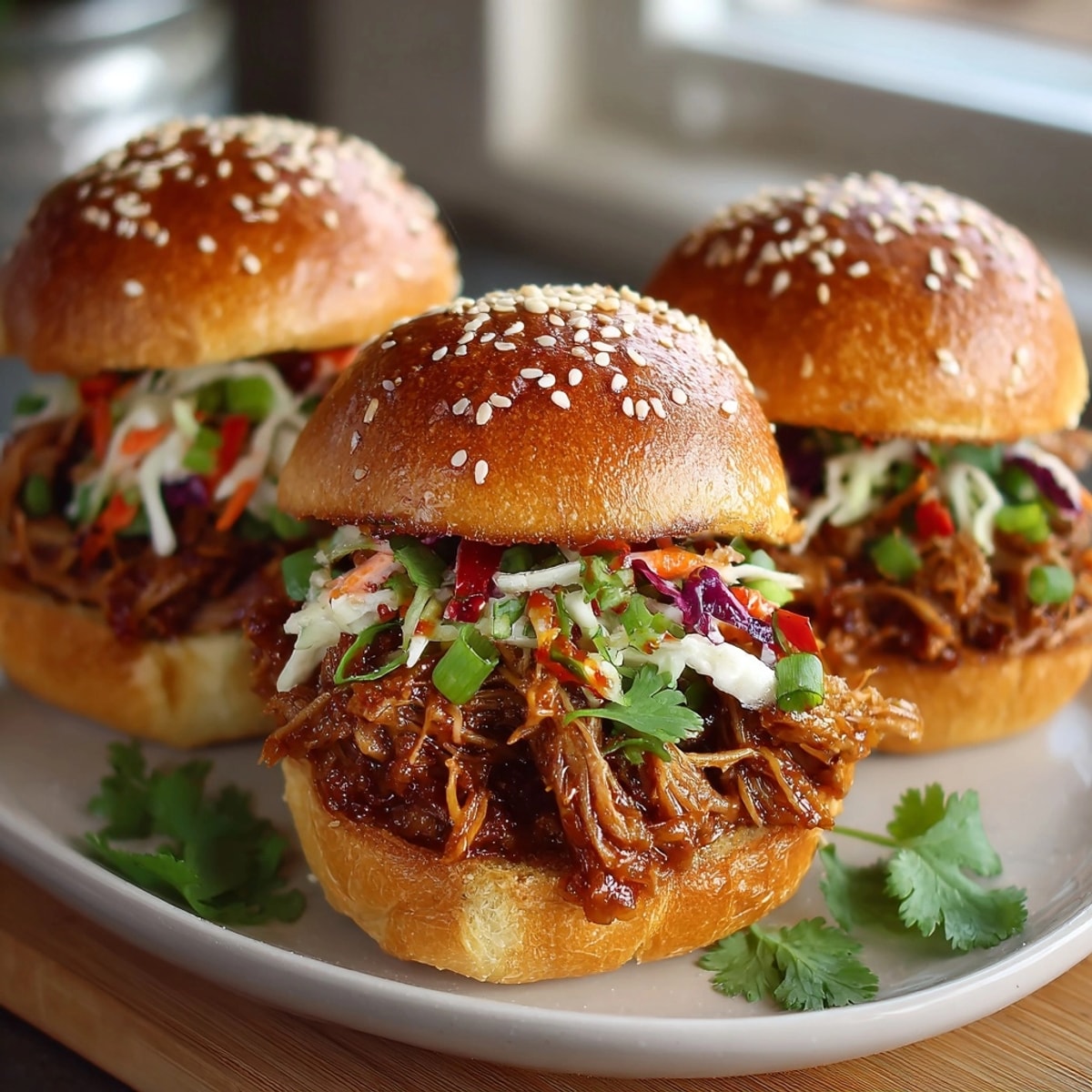 Close-up of delicious, spicy Korean Gochujang-Spiked Pulled Pork Sliders, overflowing with tender pulled pork and colorful slaw.