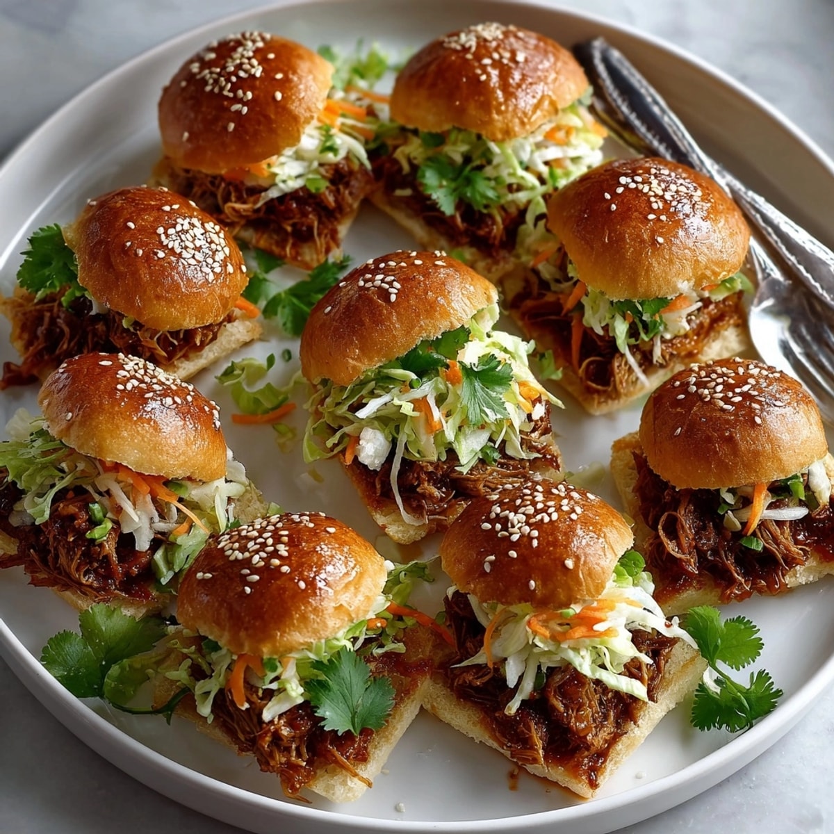 Warm and inviting: Plump Korean Gochujang-Spiked Pulled Pork Sliders ready to eat, stacked high with flavorful ingredients.