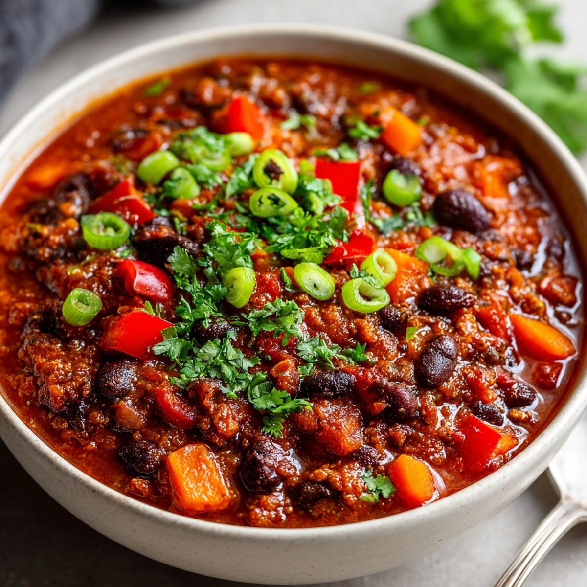 A steaming bowl of Smoky Ghost Pepper Chili with Black Beans, topped with fresh cilantro.