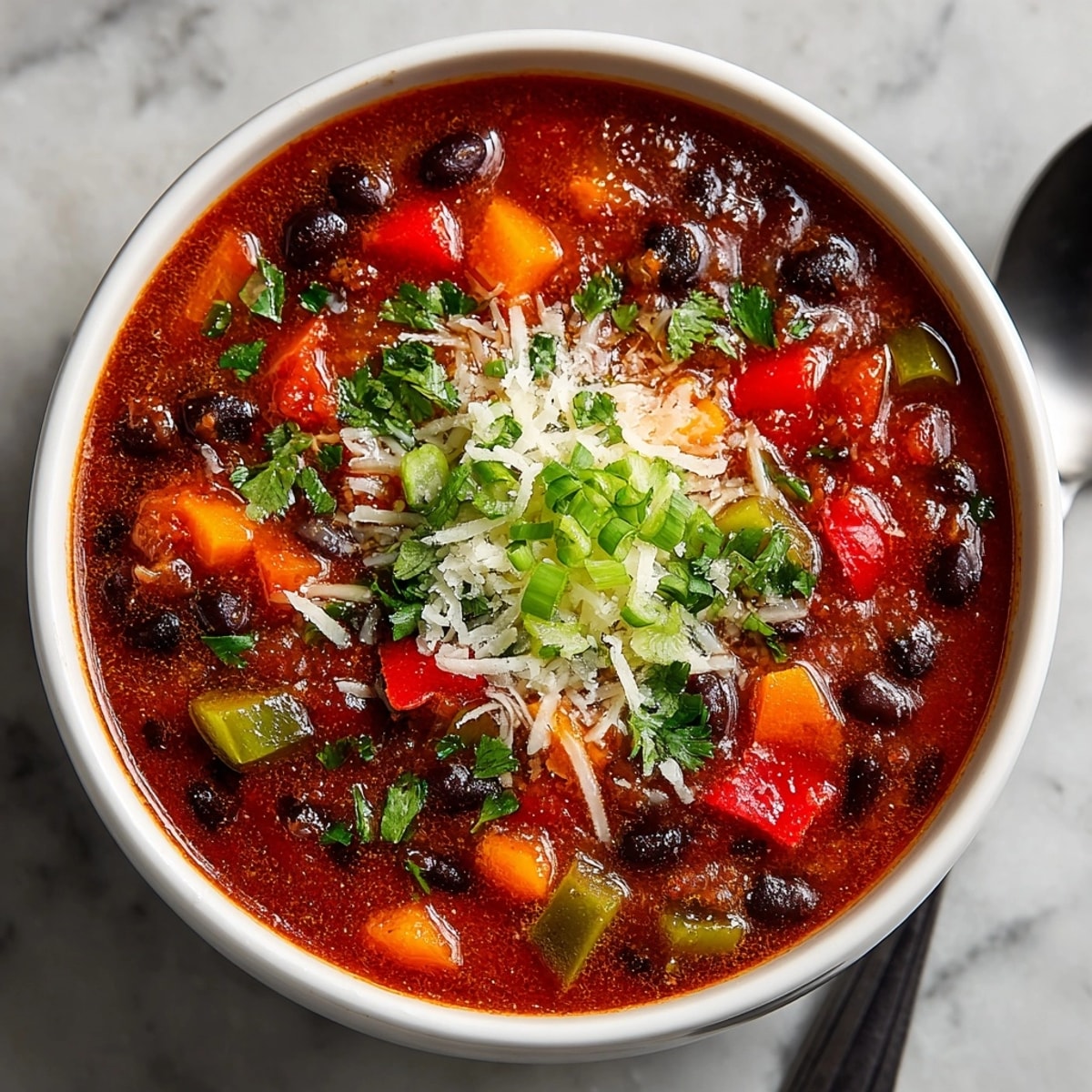 Hearty Smoky Ghost Pepper Chili with Black Beans, showcasing the vibrant red chili and beans.