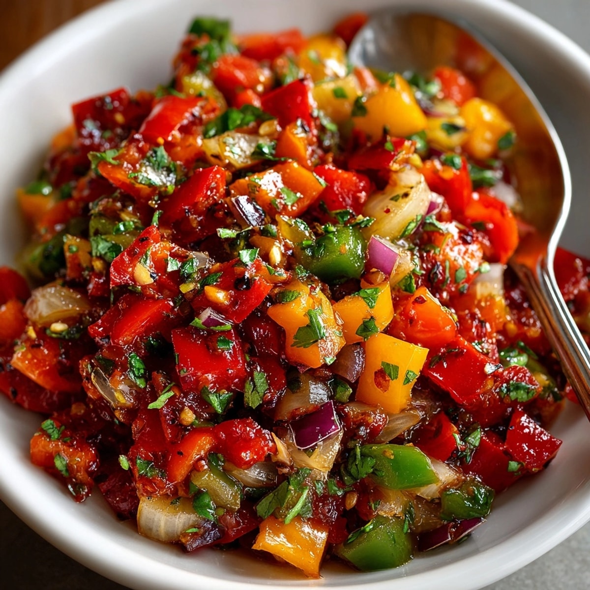 Vibrant Mild Roasted Red Pepper and Garlic Salsa, featuring chunky textures, ready to be enjoyed with chips.