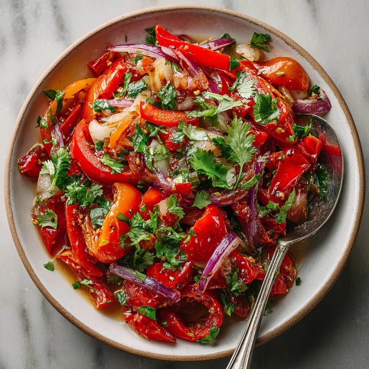 A bowl of this fresh Mild Roasted Red Pepper and Garlic Salsa, perfect for dipping tortilla chips.