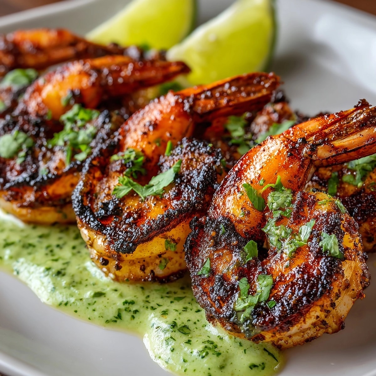 Chili Lime Grilled Shrimp, grilled until pink, drizzled with bright green cilantro sauce, perfect for summer!