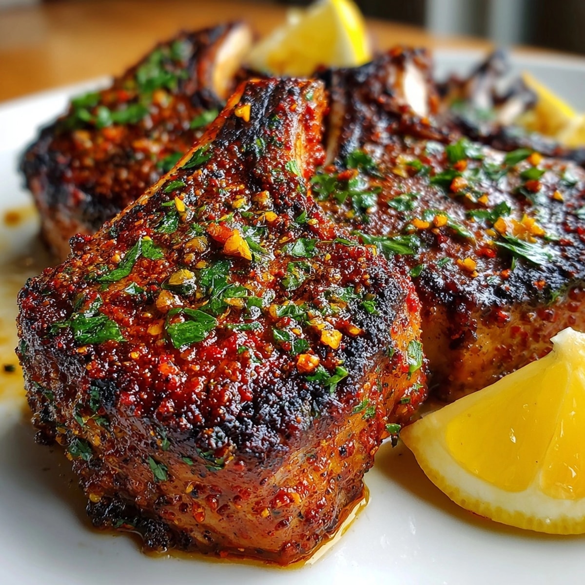 Juicy Smoked Paprika Rubbed Lamb Chops seared to perfection, ready for a flavorful Mediterranean dinner.