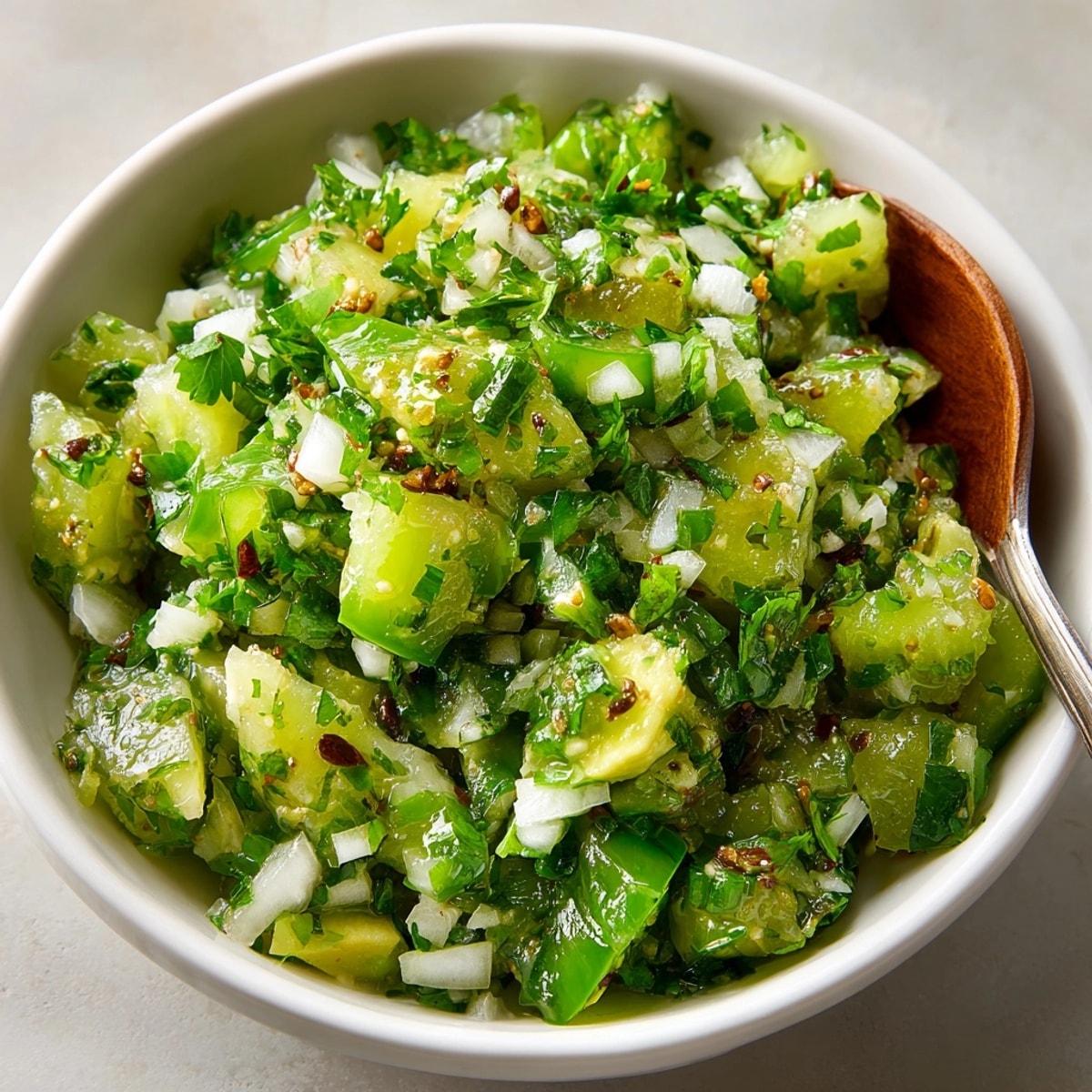 A bowl of Fresh Jalapeño-Cilantro Salsa Verde, vividly green and ready to be scooped up.