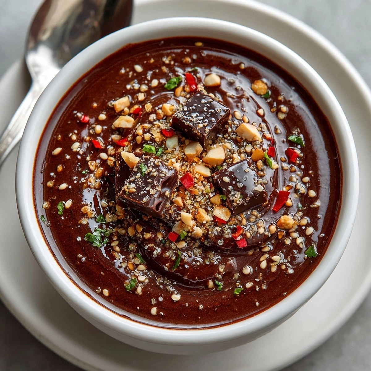 Smoky Ancho Chili Chocolate Mole Sauce glistening richly for serving, perfect with enchiladas.