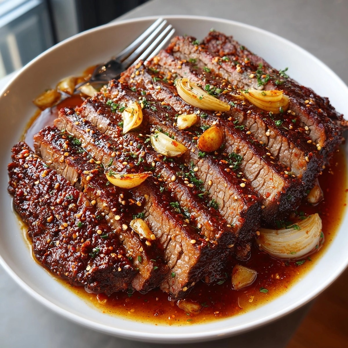 Savor thick slices of Carolina Reaper Infused Beef Brisket with a rich, spicy-sweet glaze.