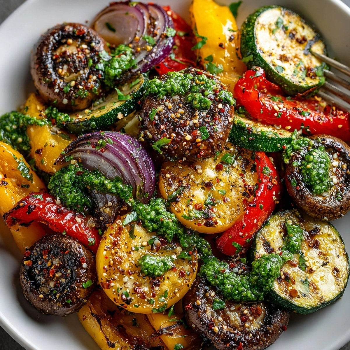 Vibrant photo of the Piri-Piri Grilled Vegetables, charred and ready to eat, with fresh herb sauce.