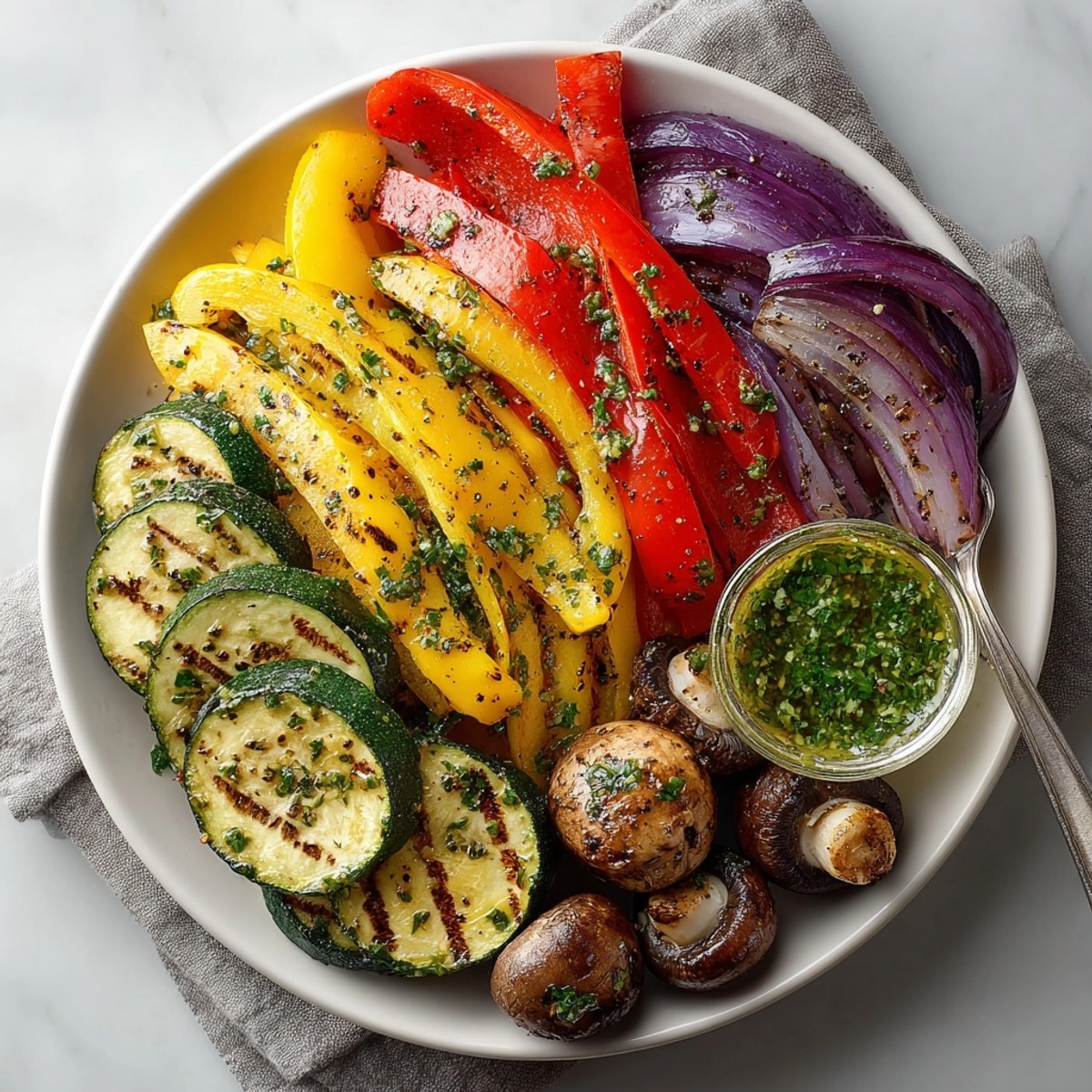 A platter of flavorful Piri-Piri Grilled Vegetables alongside a bright green, fresh herb dipping sauce.