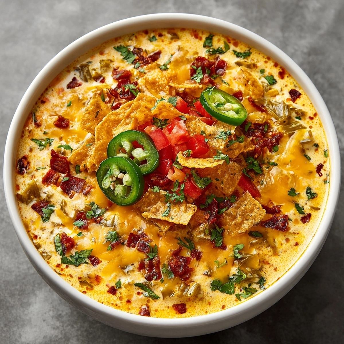 Golden Hatch Green Chile Creamy Queso Dip, pictured with tortilla chips and fresh cilantro garnish for serving.