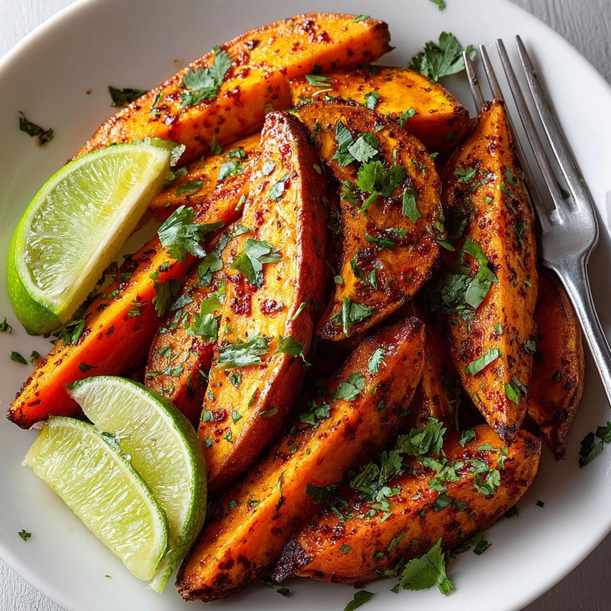 Golden-brown, crispy Chili-Spiced Roasted Sweet Potato Wedges, seasoned to perfection and ready to serve.