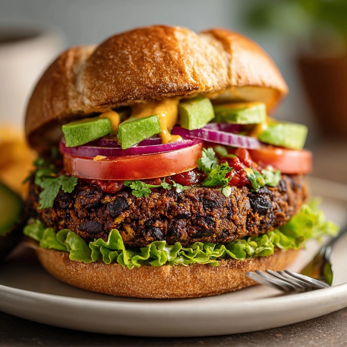Juicy Smoked Chipotle Black Bean Burger with spicy aioli, perfect for a vegetarian cookout.