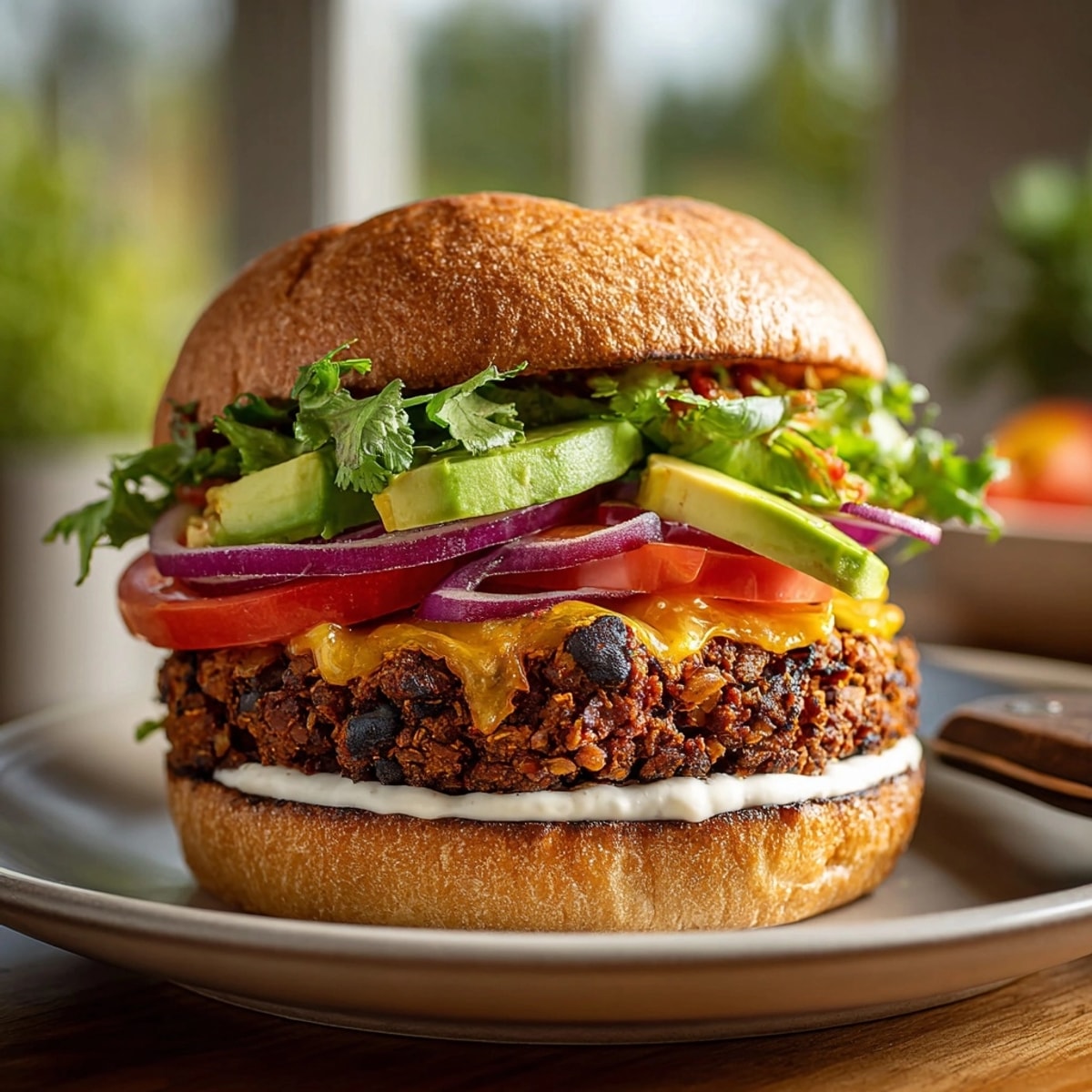 Close-up of a delicious Smoked Chipotle Black Bean Burger, piled high and ready to enjoy.
