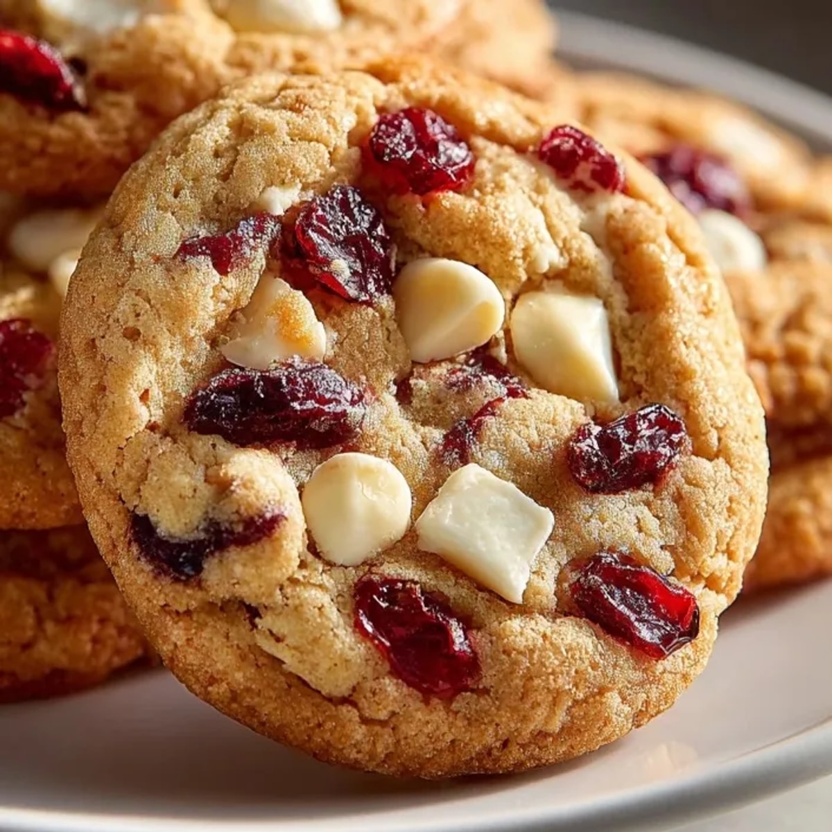 Warm, golden White Chocolate Cranberry Cookies are piled high and ready to be enjoyed anytime.
