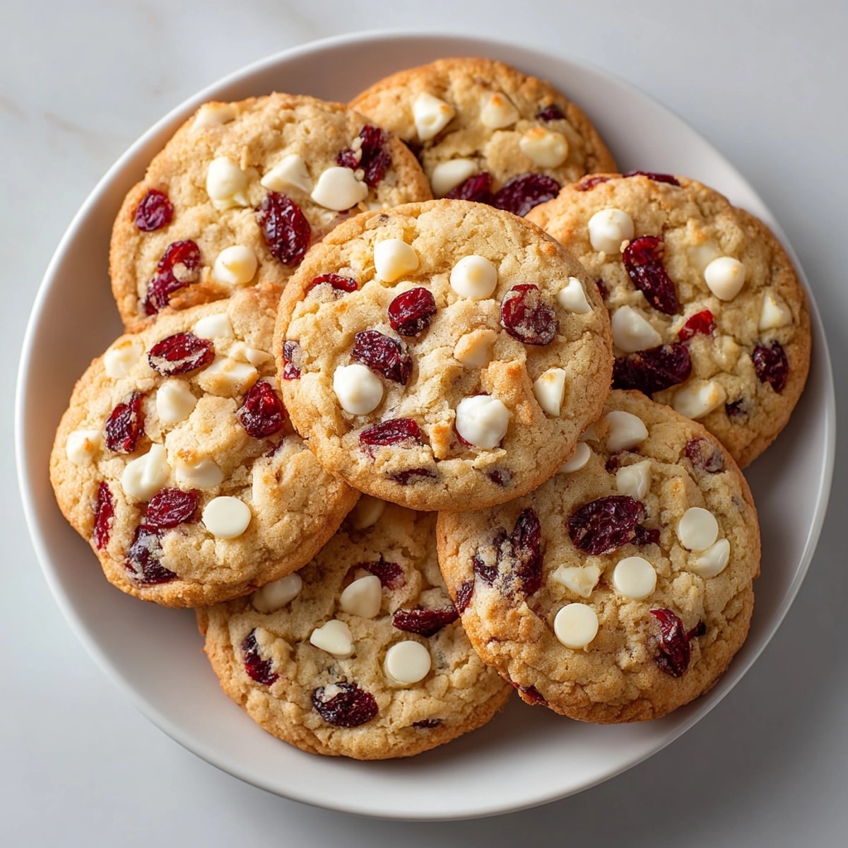 A close-up of a plate of soft, chewy White Chocolate Cranberry Cookies, with cranberries throughout.