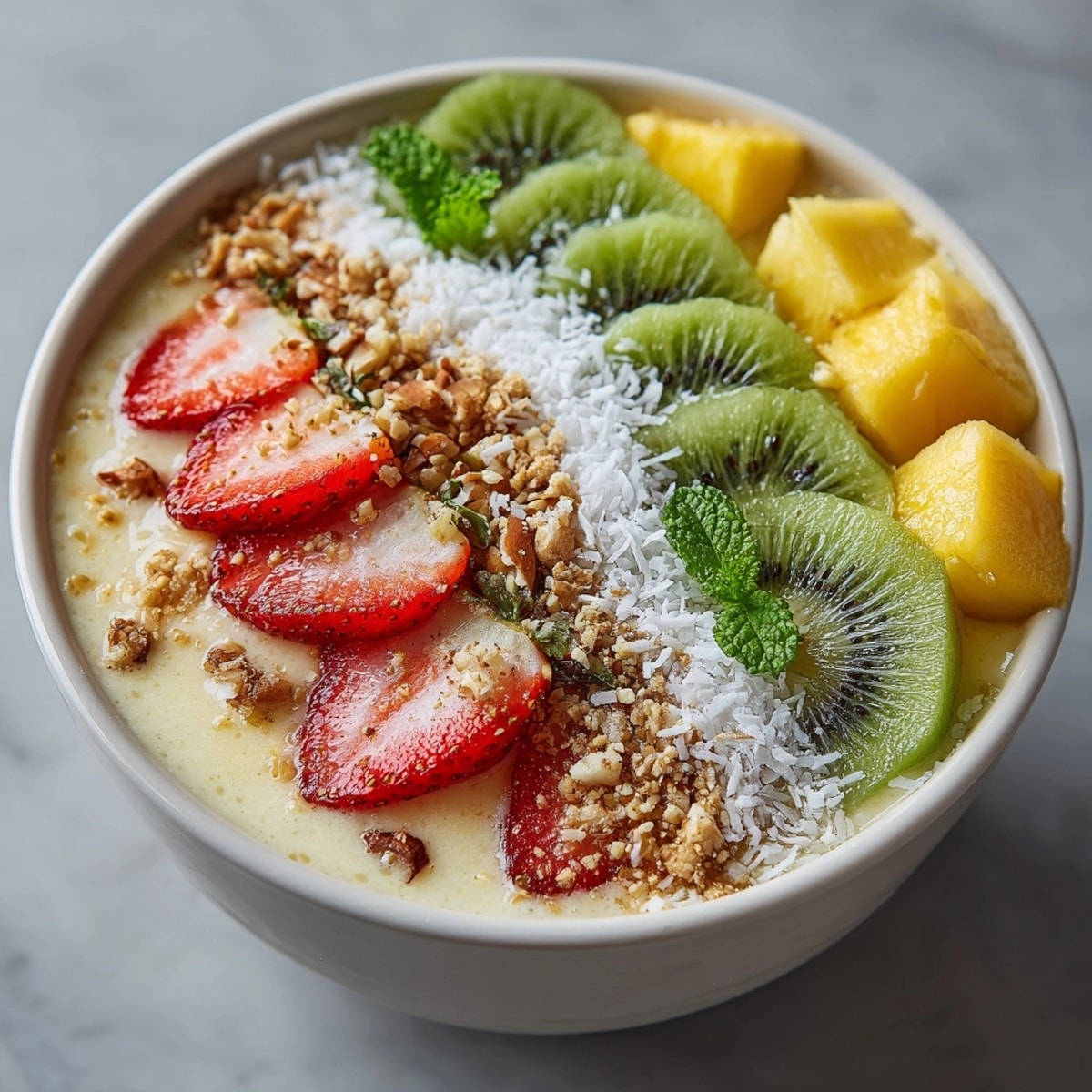 A colorful tropical smoothie bowl topped with vibrant fruit, a perfect breakfast.