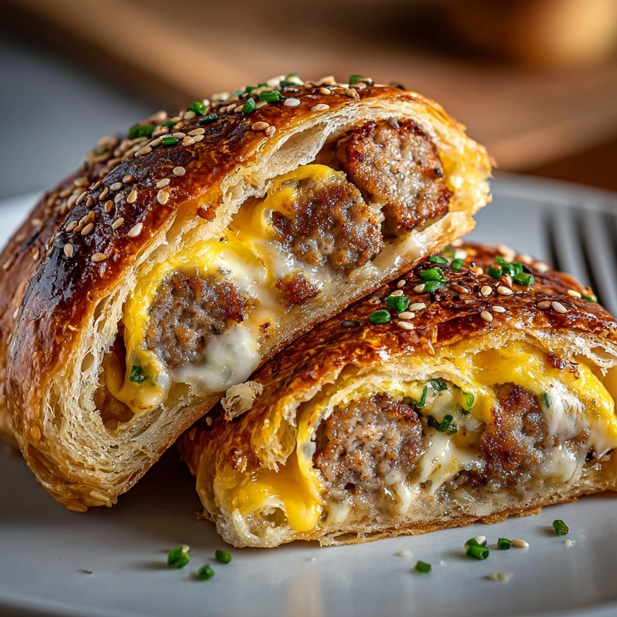 Golden-brown Sausage and Cheese Breakfast Rolls, a savory sensation ready for your morning meal.