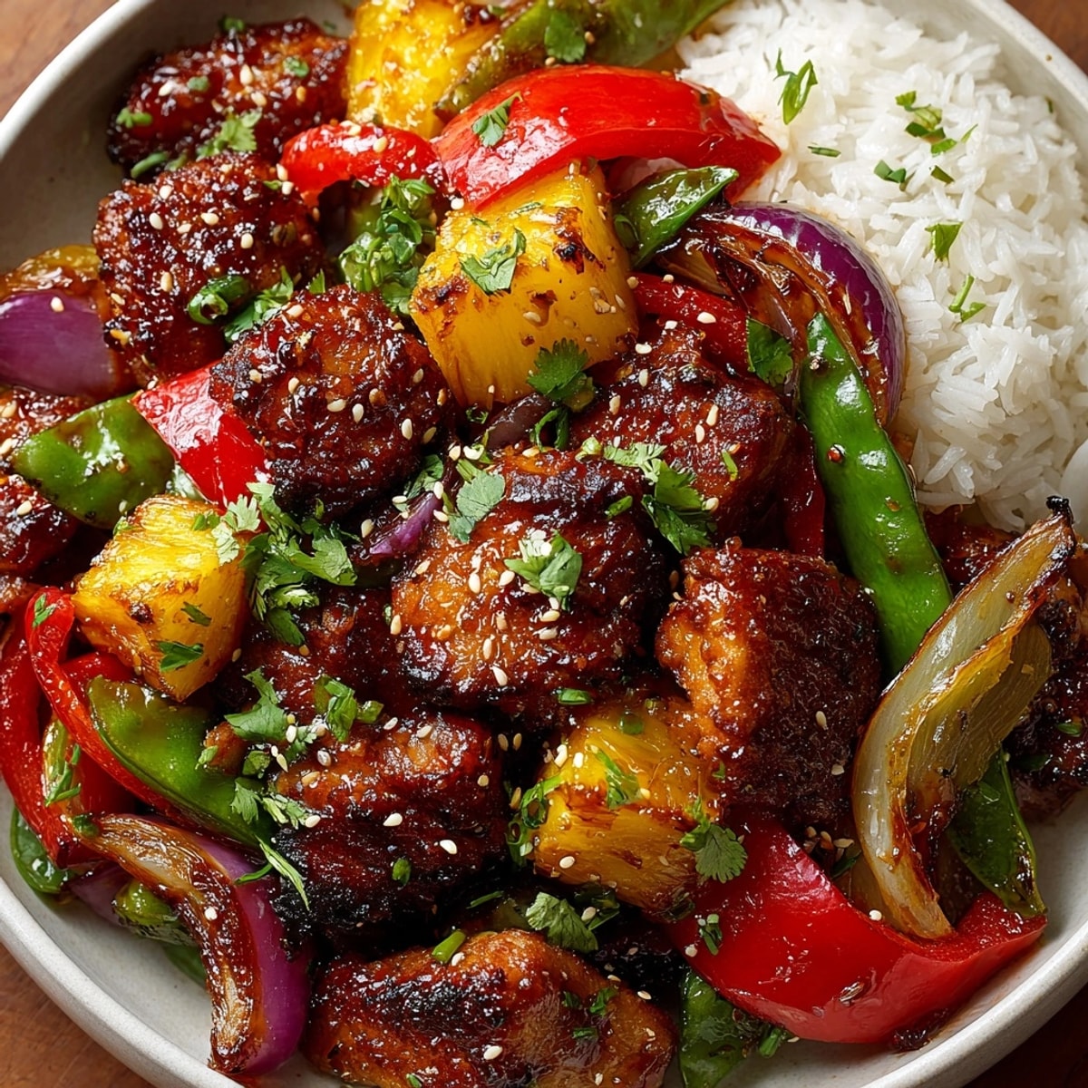 Savory Hawaiian Sheet Pan Chicken, glistening with a sweet glaze, alongside colorful roasted vegetables.