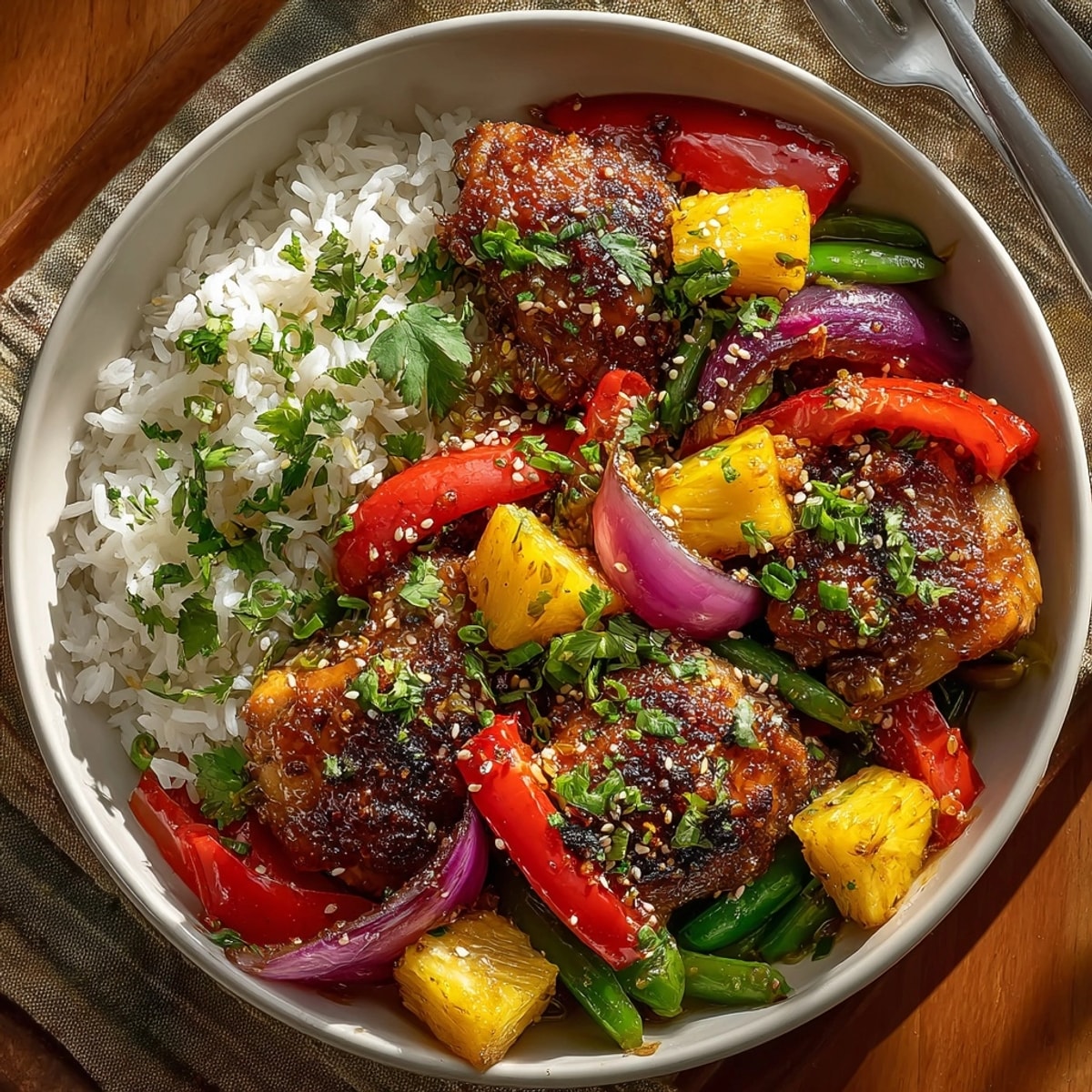 Golden-brown Hawaiian Sheet Pan Chicken with colorful vegetables ready for a delicious, easy weeknight meal.
