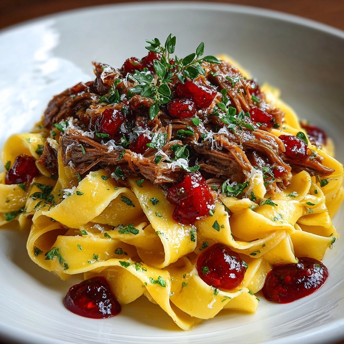 Fork-tender duck confit pasta with vibrant cherry gastrique, a beautiful fusion cuisine meal.