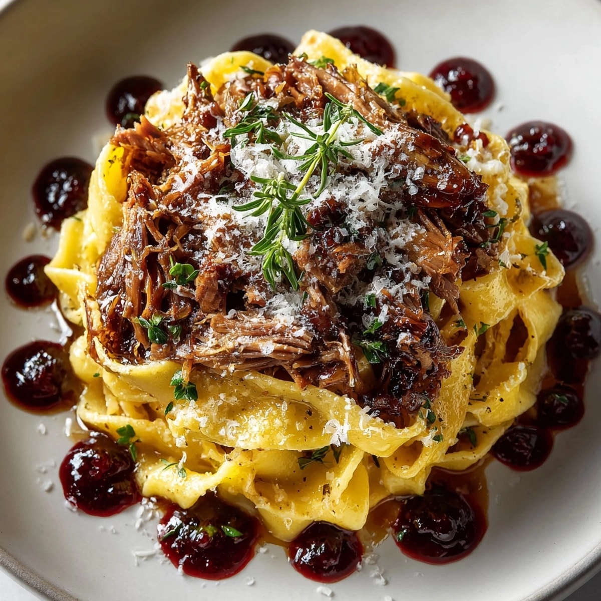 Close-up of Duck Confit Pasta, showcasing rich sauce and a tangy cherry gastrique drizzle, ready to eat.