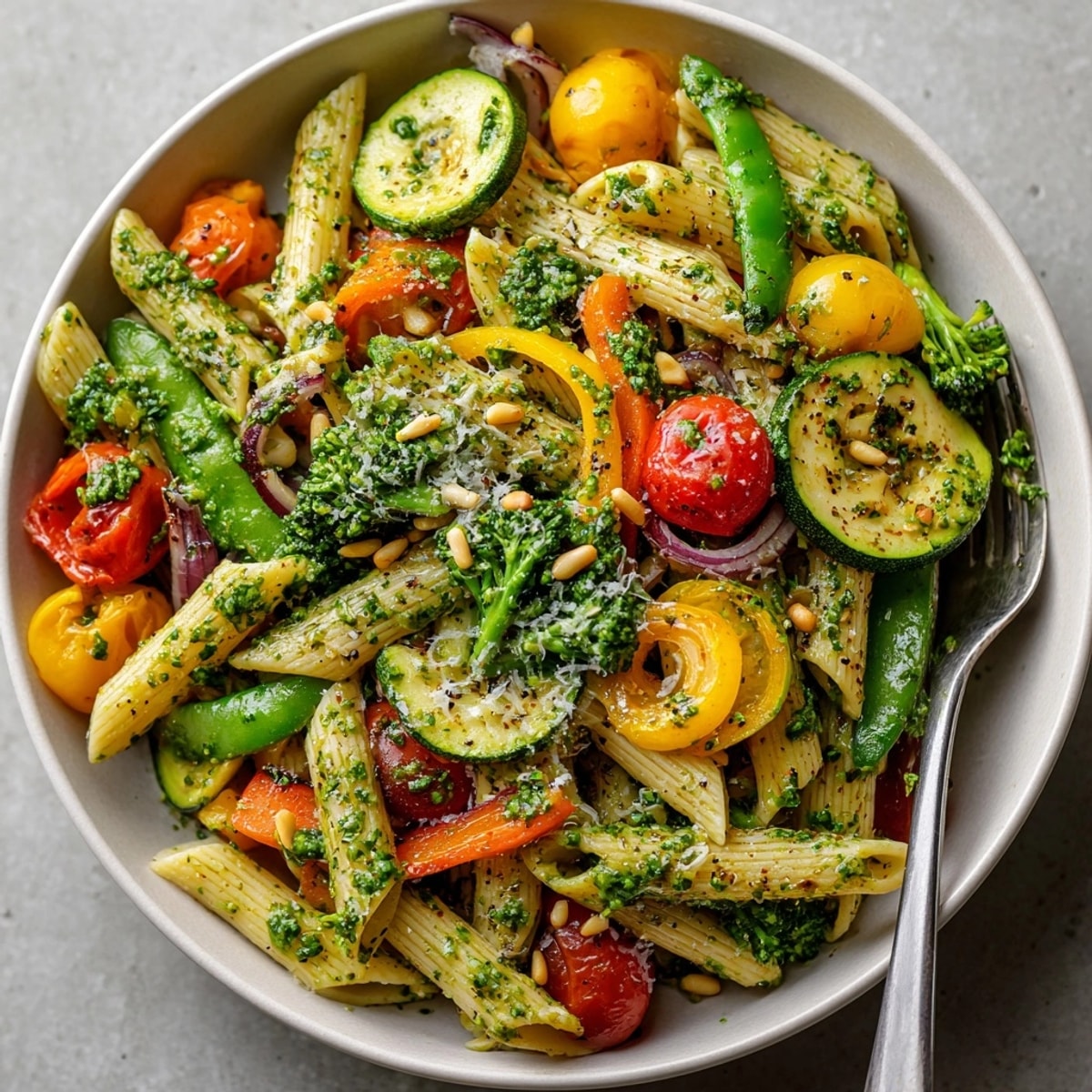 Chickpea Pasta Primavera with herbs, bursting with colorful spring vegetables, is ready to be served.