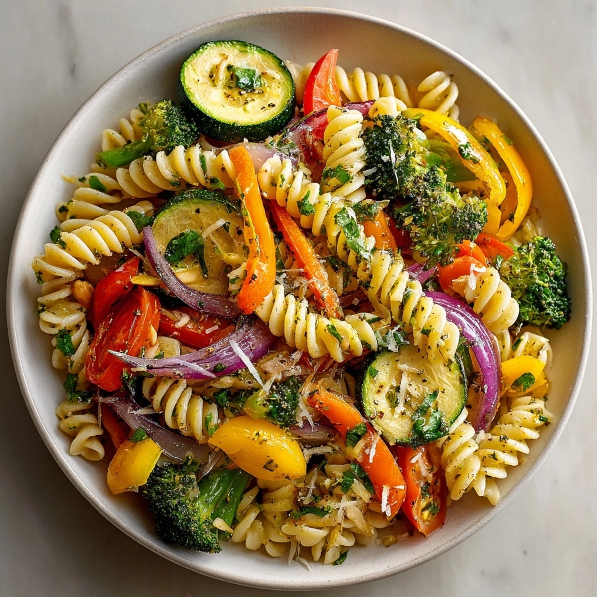 A delightful bowl of Chickpea Pasta Primavera features vibrant vegetables, drizzled with fresh herb oil.