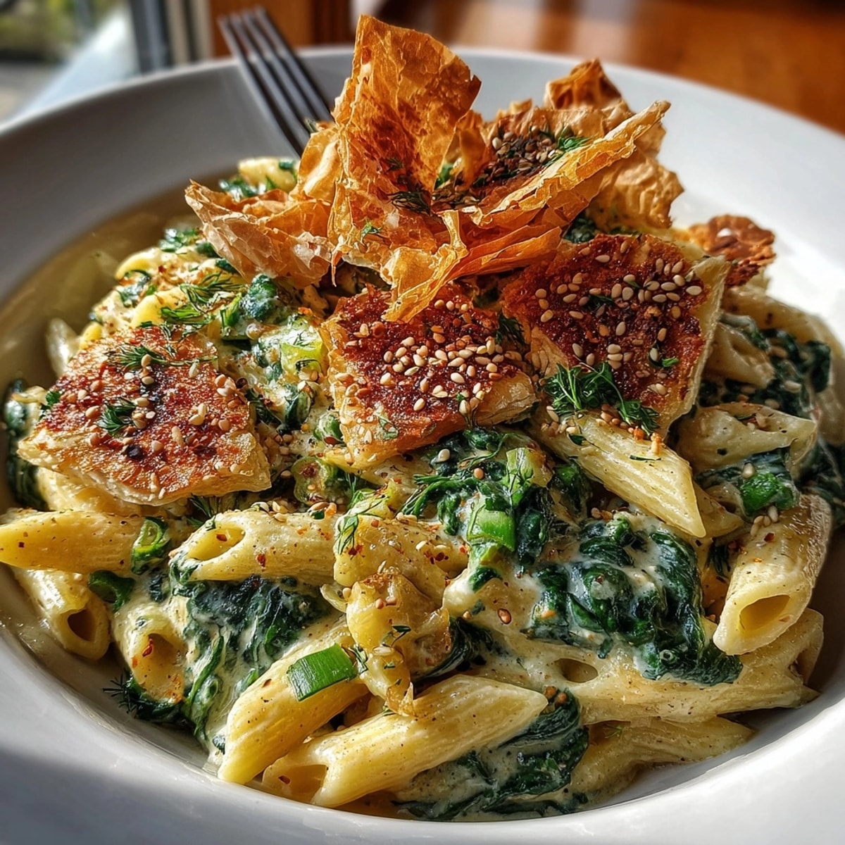 Golden, crispy phyllo shards crown a bowl of the creamy Greek Spanakopita Pasta.