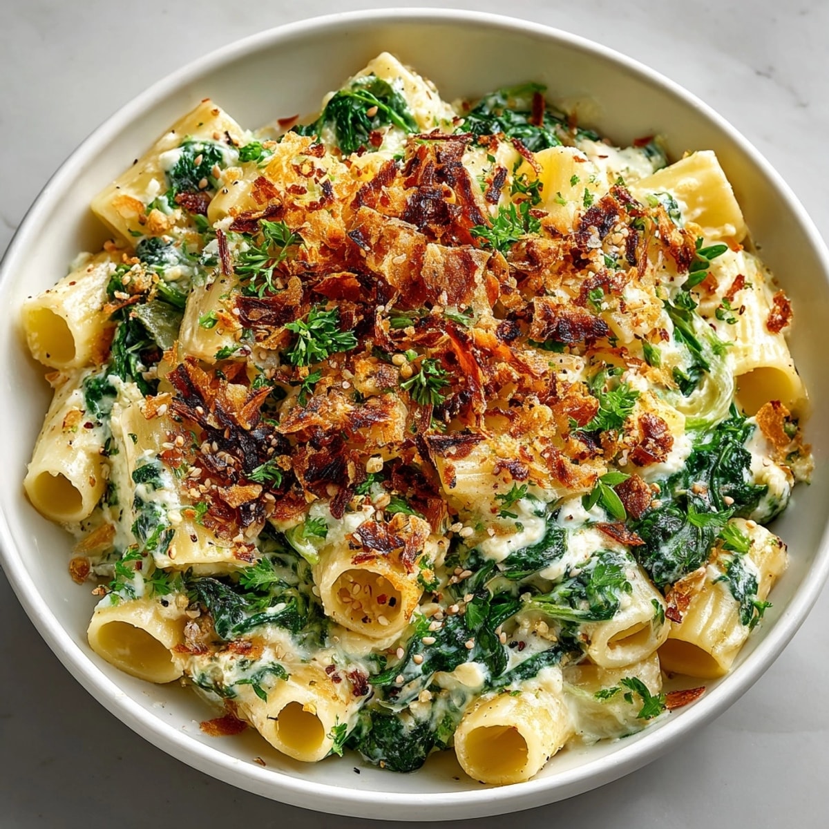 Up-close shot showcasing the luscious Greek Spanakopita Pasta, featuring spinach, feta, and golden phyllo.
