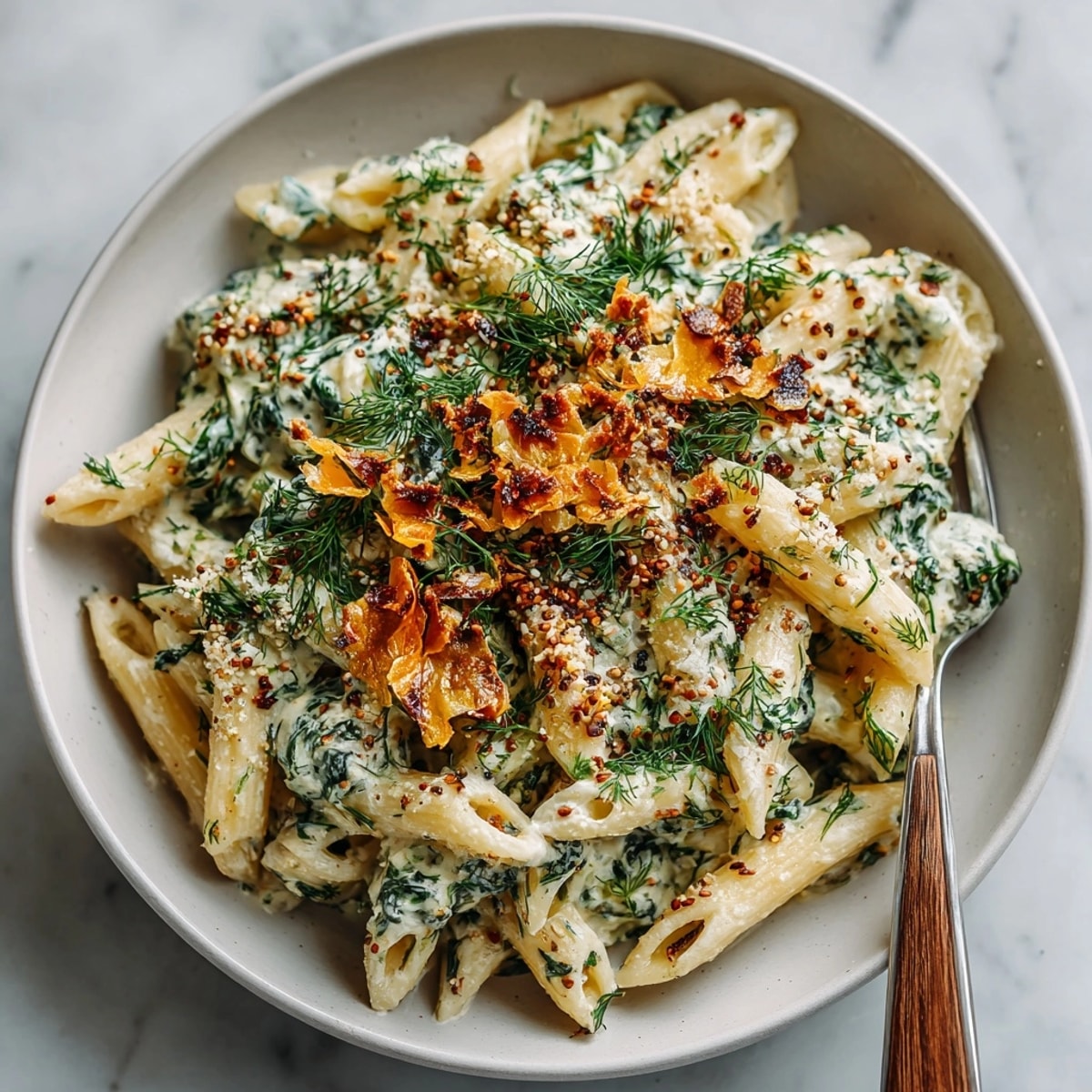 Savory Greek Spanakopita Pasta with a creamy sauce, topped with crunchy phyllo, ready to be savored.
