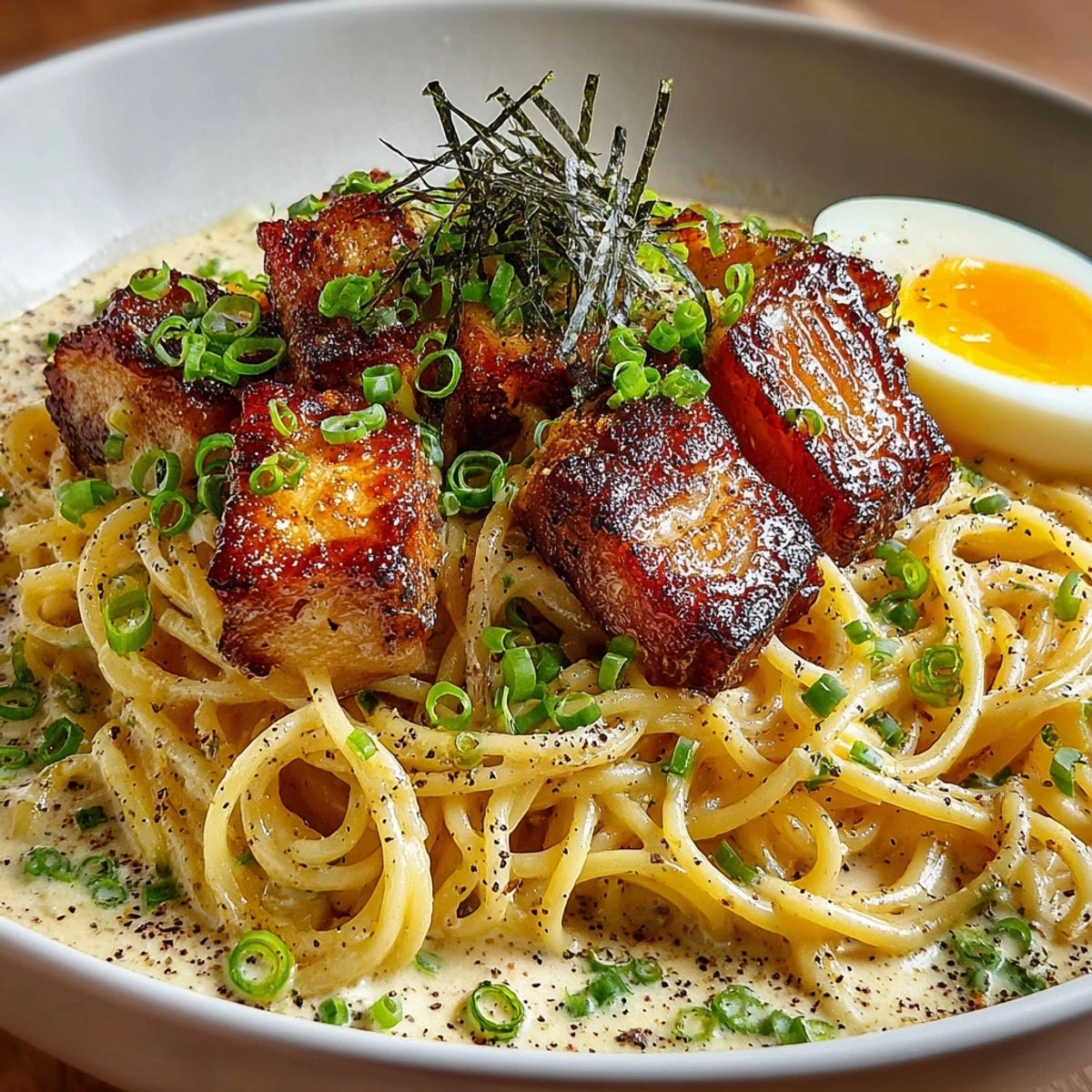 Delectable ramen pasta fusion, featuring rich tonkotsu cream sauce, pork belly, and perfectly cooked pasta.
