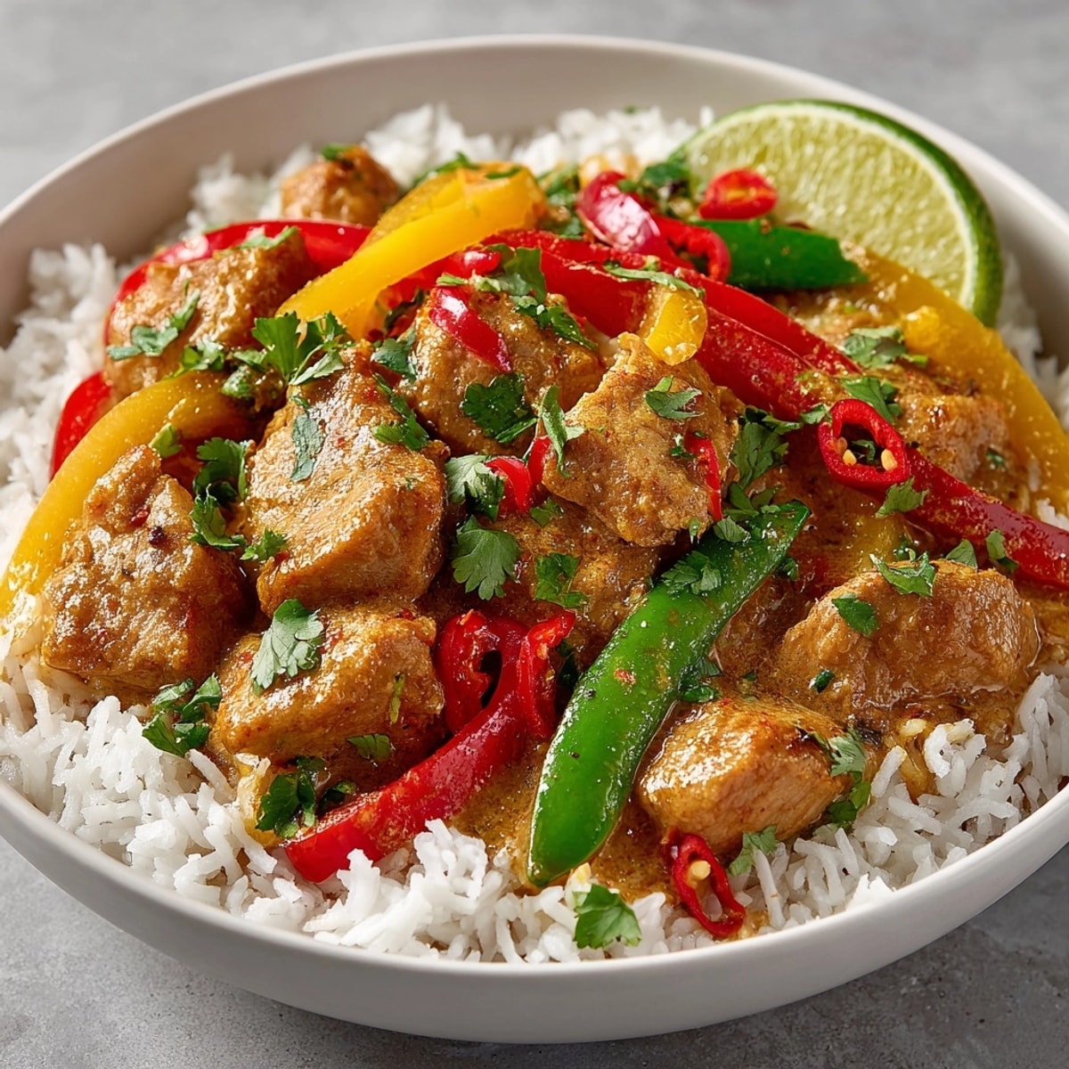 Thai Curry Coconut Chicken served over steaming jasmine rice, topped with fresh cilantro and lime wedges