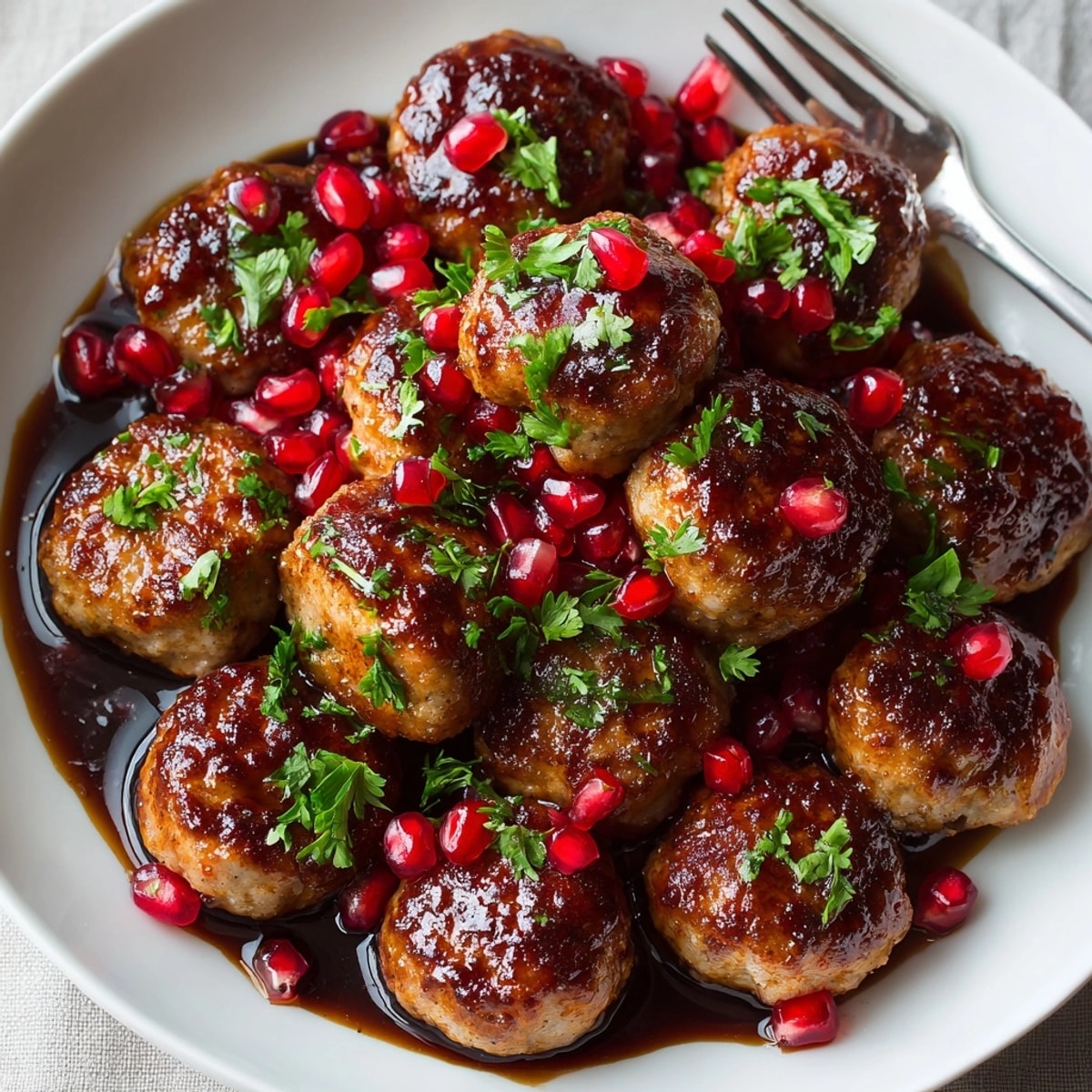 Appetizer-ready pomegranate glazed turkey meatballs with sweet pomegranate sauce, ideal for holiday entertaining.