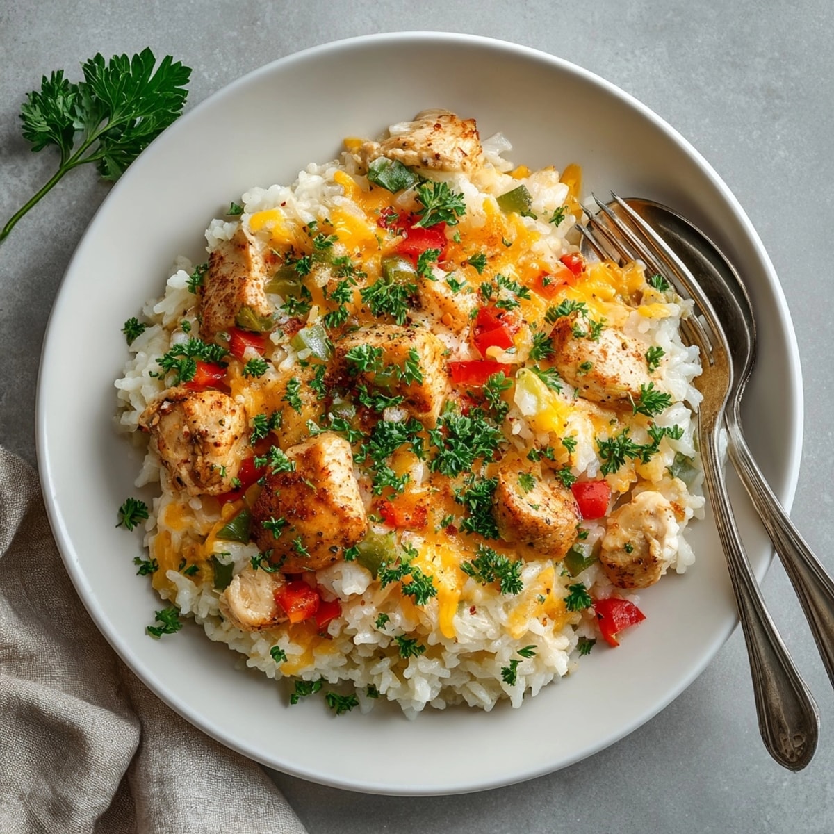 Baked Cajun Chicken and Rice Casserole showing savory chicken, fluffy rice, and aromatic sautéed peppers