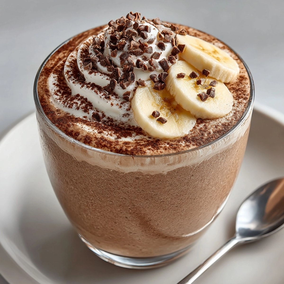 Peanut Butter Chocolate Smoothie topped with banana slices in a frosty glass for breakfast.