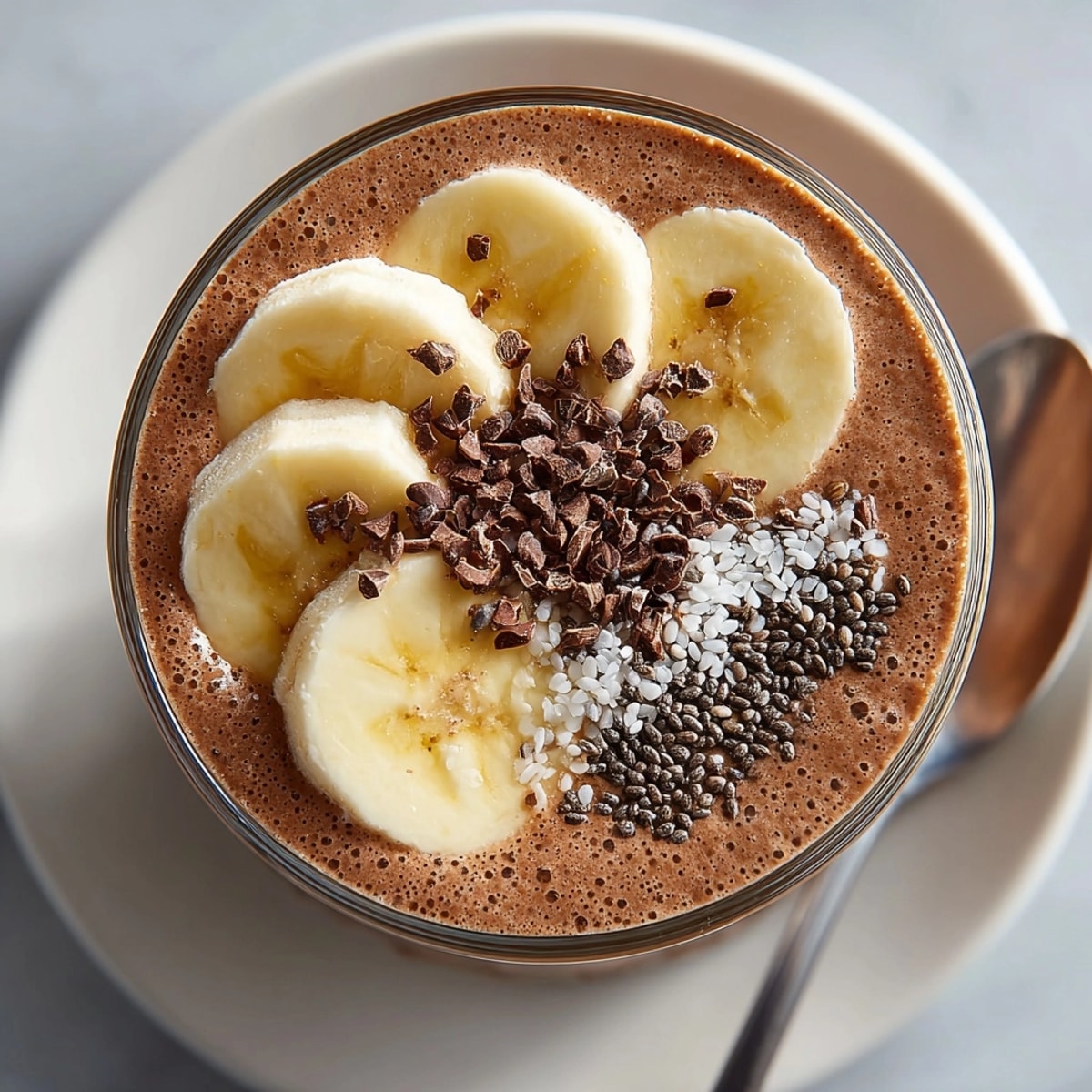 Thick, velvety Peanut Butter Chocolate Smoothie poured into glass, perfect for a quick snack.