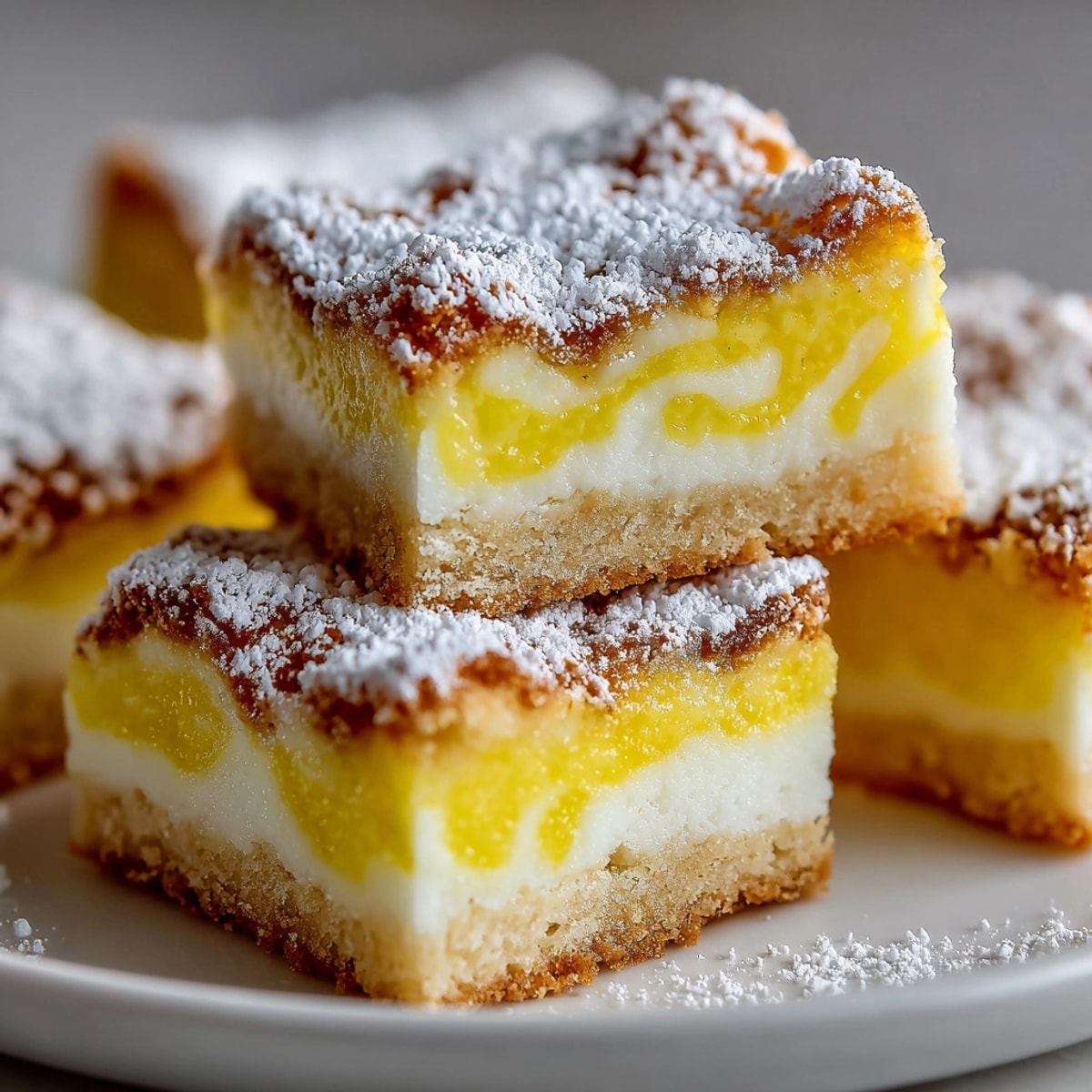 Golden ricotta lemon bars on a shortbread crust, dusted with powdered sugar and sliced.