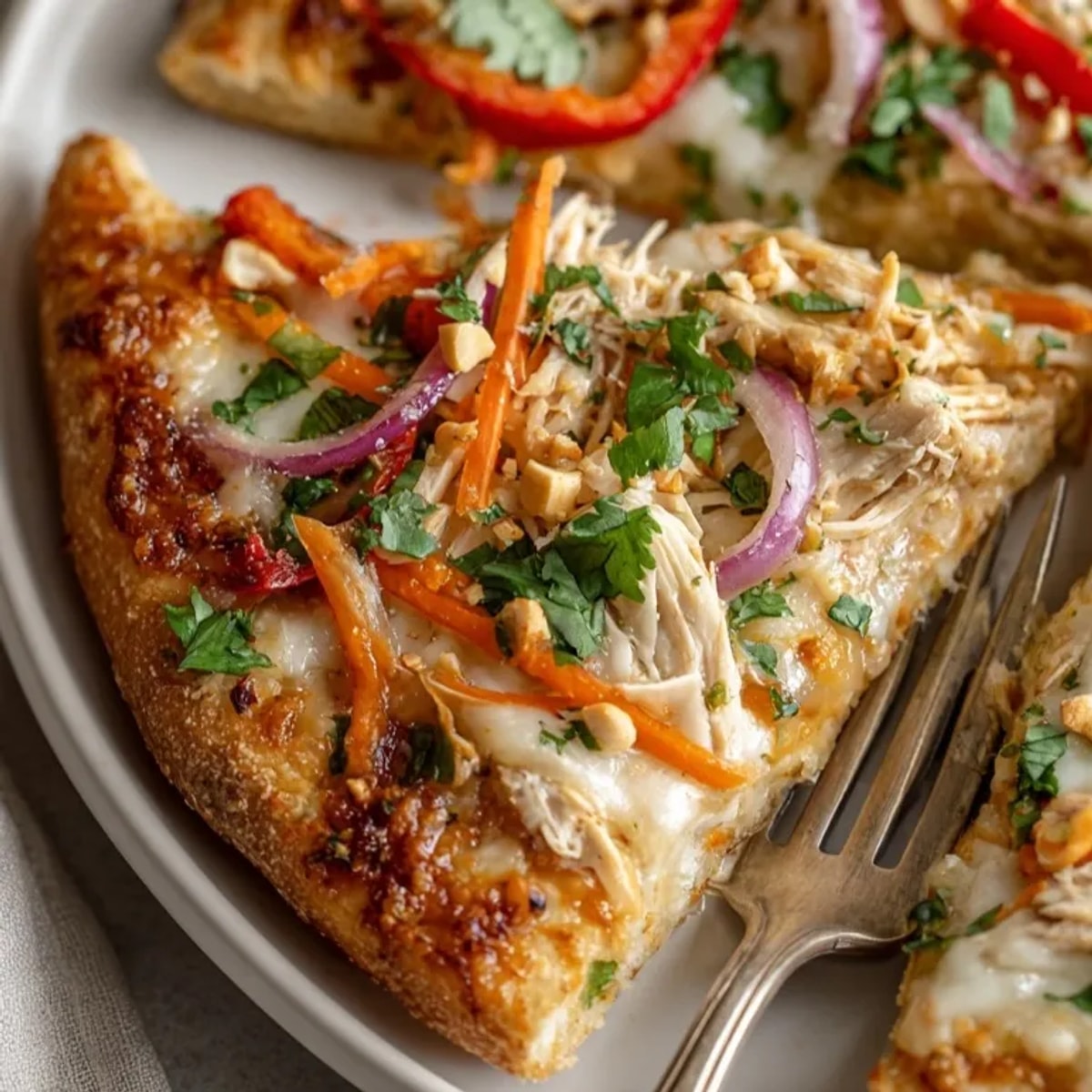 Thai Peanut Chicken Pizza topped with colorful veggies, melted cheese, and fresh cilantro garnish