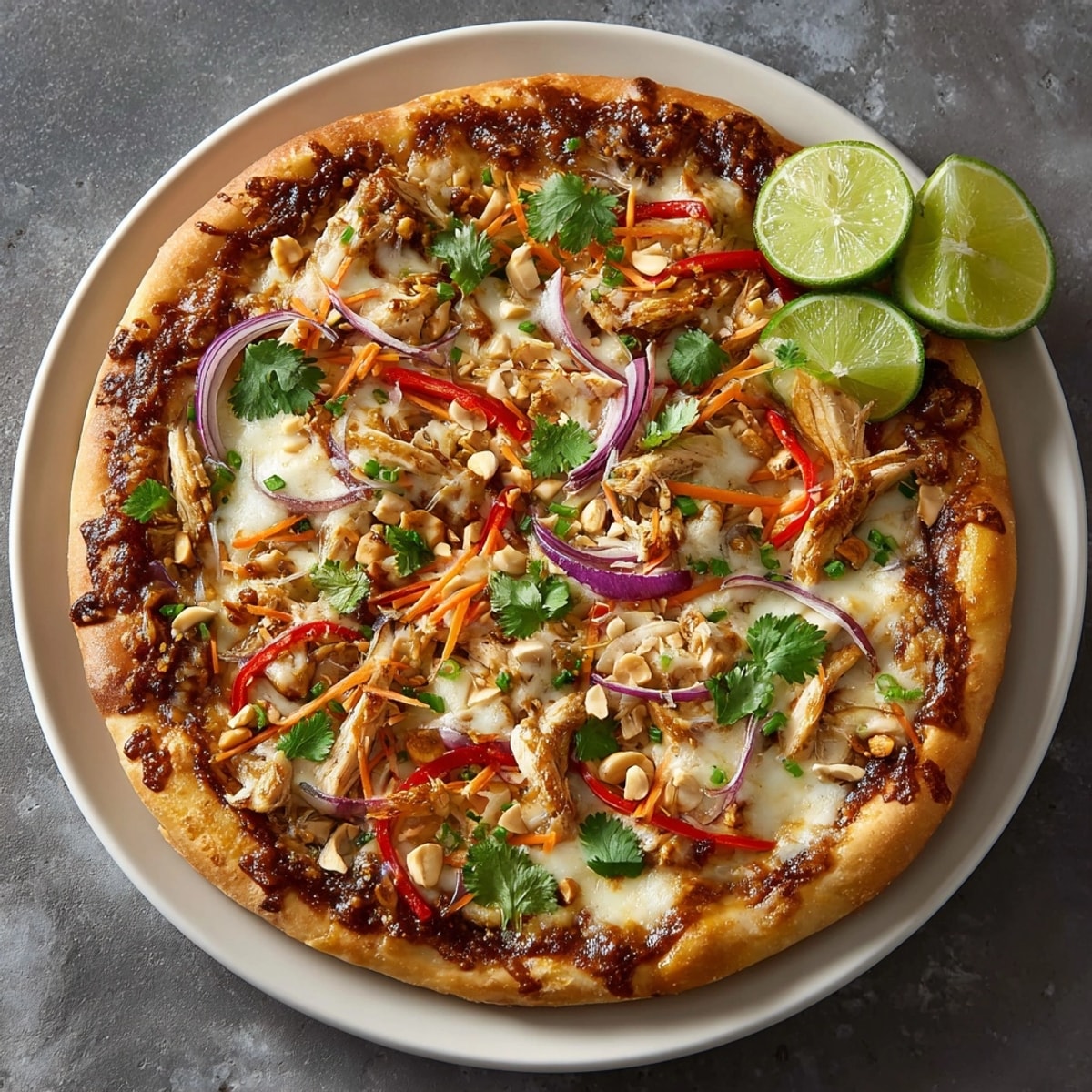 Sliced Thai Peanut Chicken Pizza on a serving board, drizzled with creamy peanut sauce and lime wedges