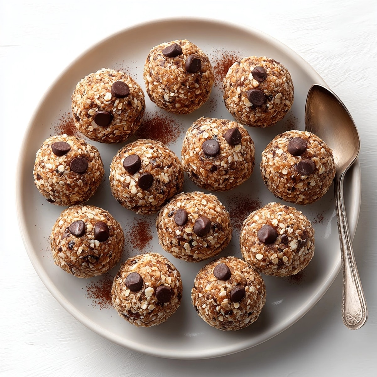 Freshly made chocolate protein energy bites ready to serve for on-the-go breakfast or post-workout fuel.