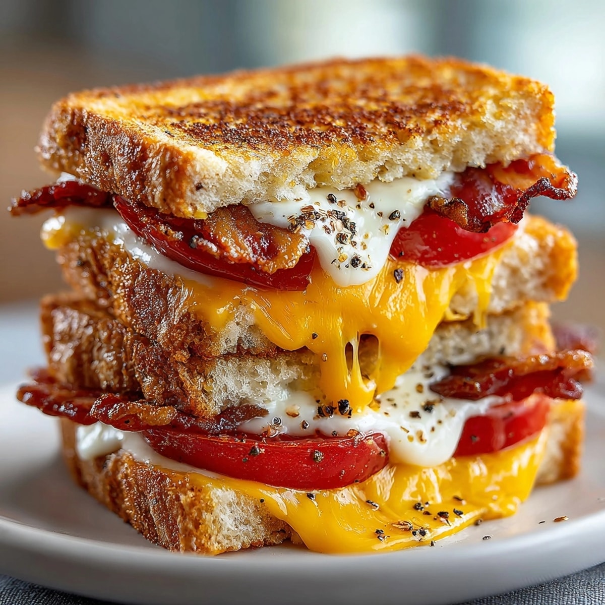 Grilled Cheese with Bacon and Tomato sandwich cut in half, gooey cheddar melting over crispy bacon.